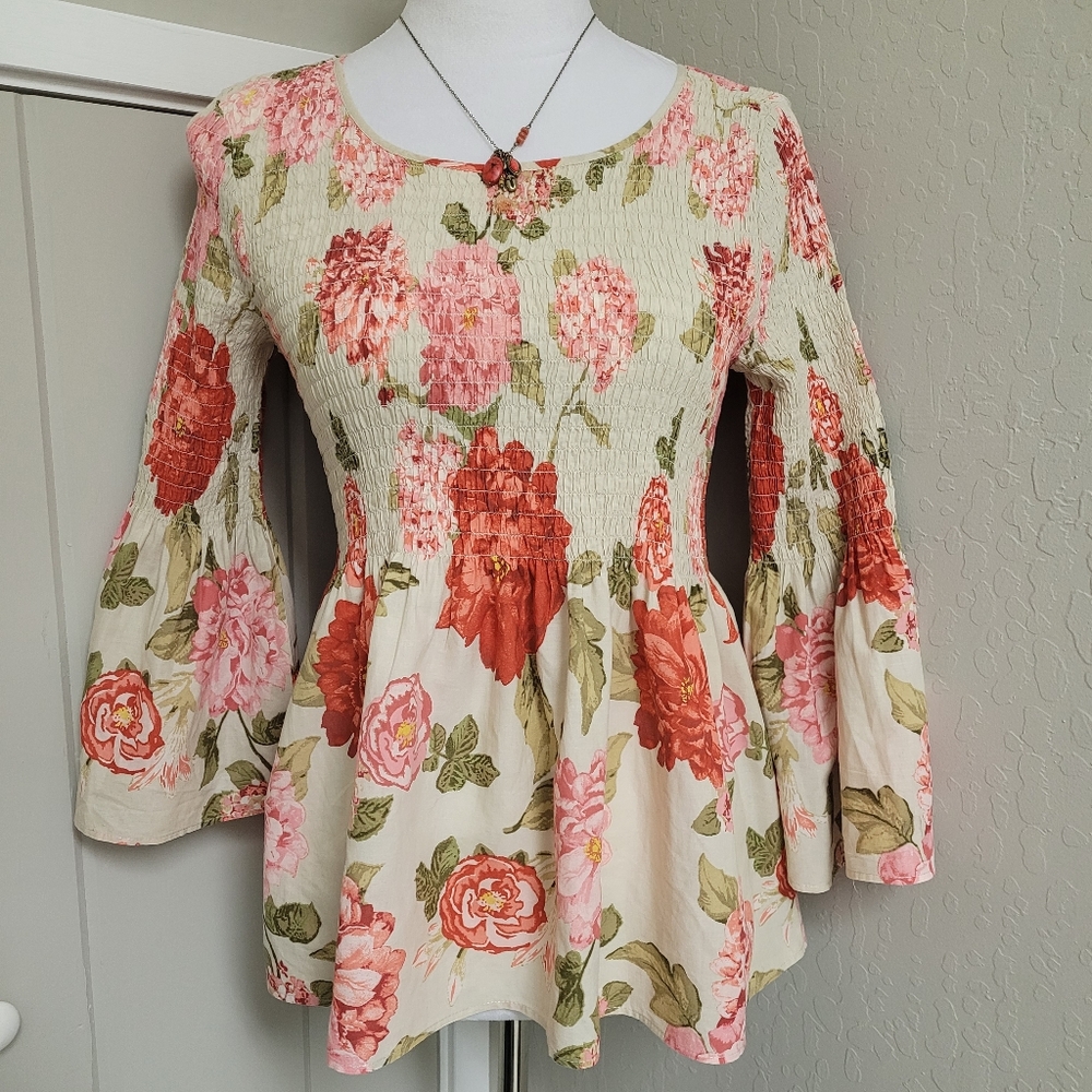 Jane and Delaney Floral Boho Smocked Peplum Top Bell Sleeve Cotton